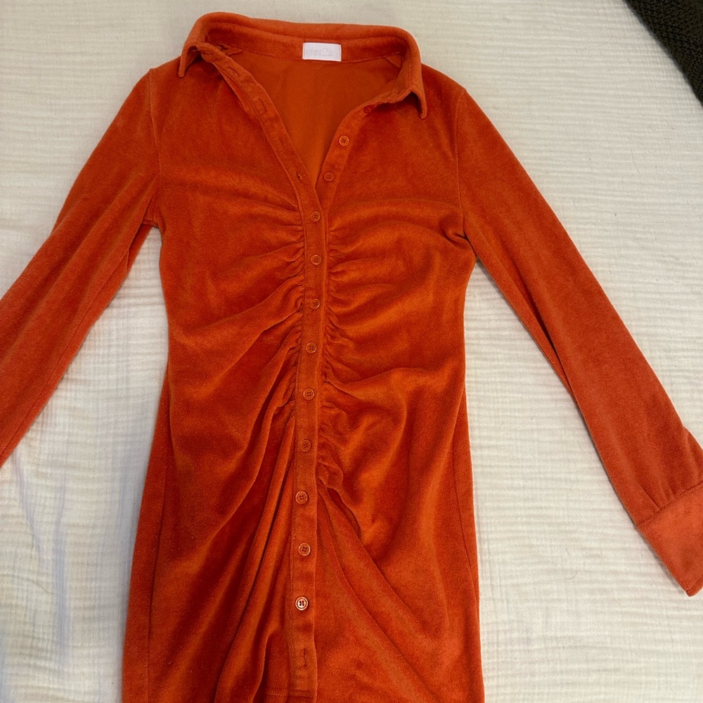 Isalis Orange Long Sleeve Button Down Terry Cloth Dress